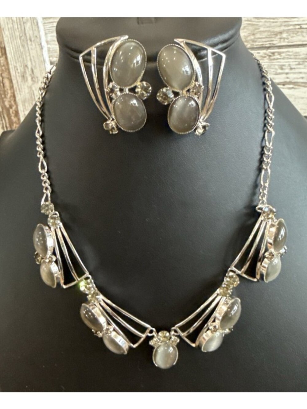 Vintage Necklace Earrings Gray Moonstone W/Glass Crystal Rhinestones Beautiful!